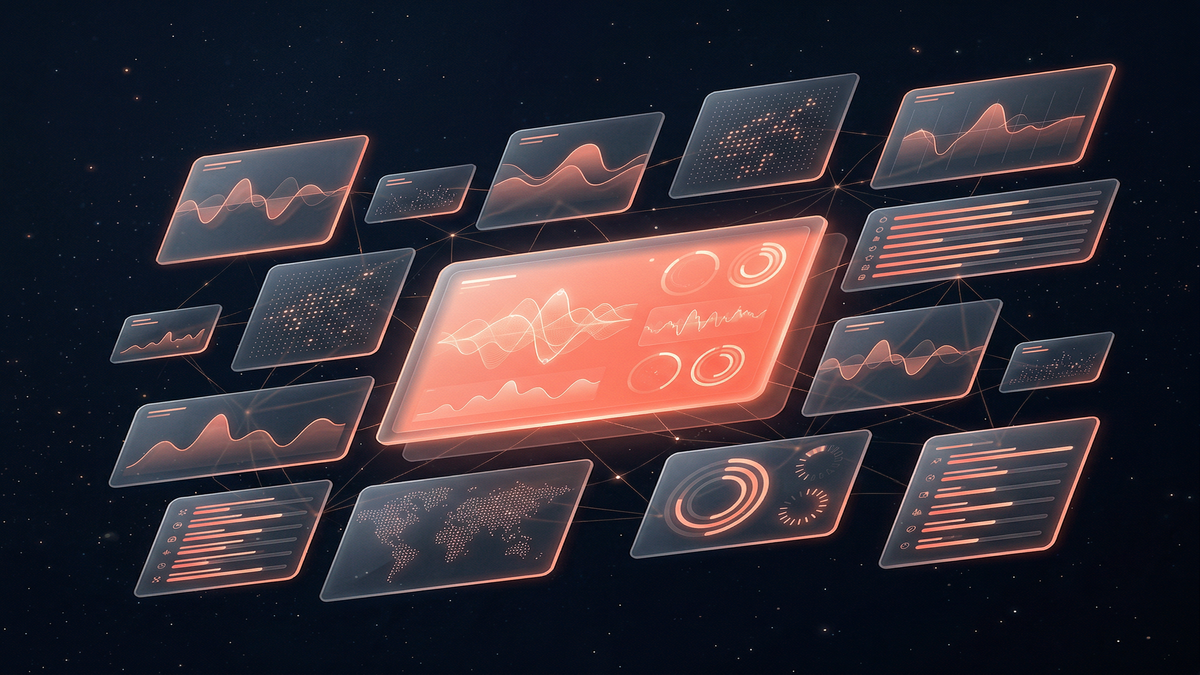 Futuristic glassmorphism dashboard panels with coral accents representing the AI-powered operating system