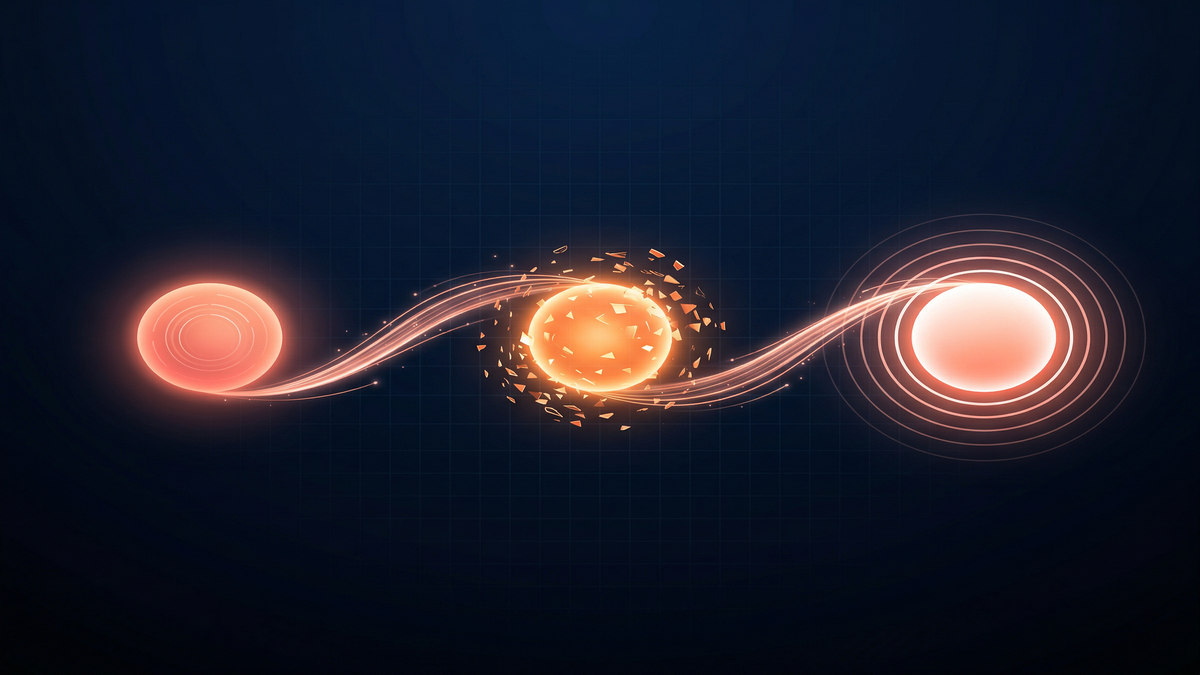 Three glowing orbs connected by light ribbons representing the subscribe, request, and receive workflow